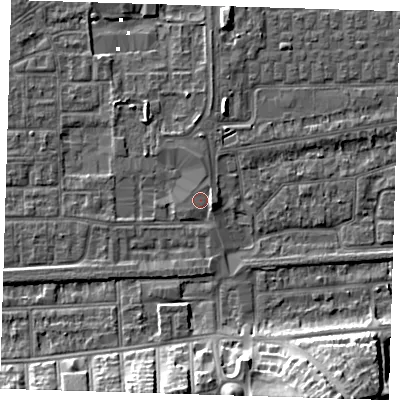 Shaded relief map of the ground around SE29DR, computed from Environment Agency LiDAR. The ground here sits at about 2 m above sea level and falls 16 m across the surrounding 800 m. The ground contributing surface water to this point lies to the north.