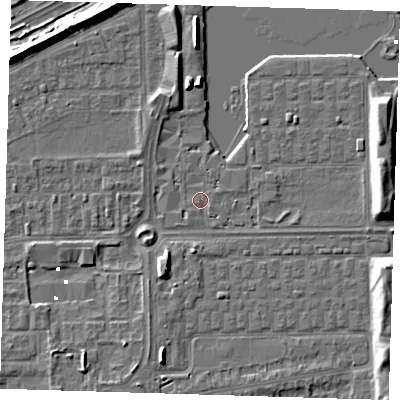 Shaded relief map of the ground around SE29DT, computed from Environment Agency LiDAR. The ground here sits at about 1 m above sea level and falls 7 m across the surrounding 800 m. Surface water reaching this point runs off ground lying to the south-east, 0.6 m higher.