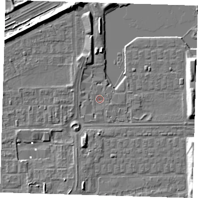 Shaded relief map of the ground around SE29DU, computed from Environment Agency LiDAR. The ground here sits at about 1 m above sea level and falls 7 m across the surrounding 800 m. Surface water reaching this point runs off ground lying to the east, 1.0 m higher.