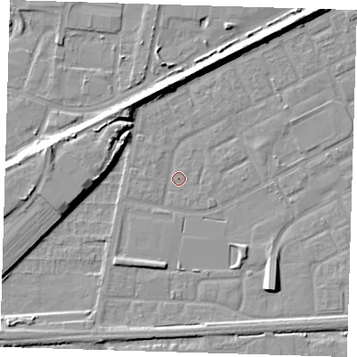 Shaded relief map of the ground around SE29DW, computed from Environment Agency LiDAR. The ground here sits at about 1 m above sea level and falls 8 m across the surrounding 800 m. Surface water reaching this point runs off ground lying to the west-north-west, 7.7 m higher.