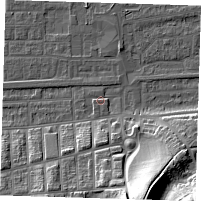 Shaded relief map of the ground around SE29DX, computed from Environment Agency LiDAR. The ground here sits at about 3 m above sea level and falls 37 m across the surrounding 800 m. Surface water reaching this point runs off ground lying to the west-south-west, 1.9 m higher.