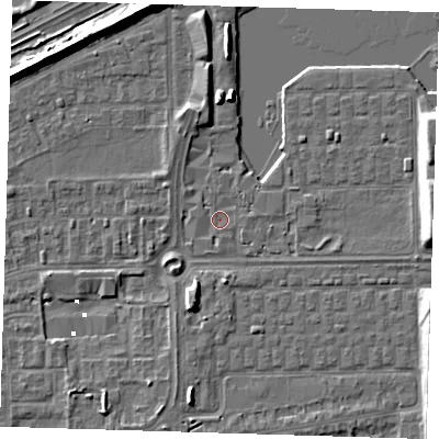Shaded relief map of the ground around SE29DY, computed from Environment Agency LiDAR. The ground here sits at about 1 m above sea level and falls 7 m across the surrounding 800 m. Surface water reaching this point runs off ground lying to the east-north-east, 1.0 m higher.