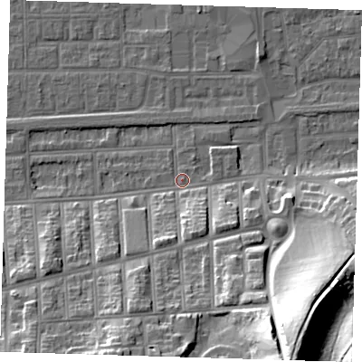 Shaded relief map of the ground around SE29DZ, computed from Environment Agency LiDAR. The ground here sits at about 3 m above sea level and falls 41 m across the surrounding 800 m. Surface water reaching this point runs off ground lying to the south-south-east, 33.4 m higher.