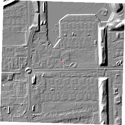 Shaded relief map of the ground around SE29EA, computed from Environment Agency LiDAR. The ground here sits at about 1 m above sea level and falls 7 m across the surrounding 800 m. Surface water reaching this point runs off ground lying to the east, 1.3 m higher.
