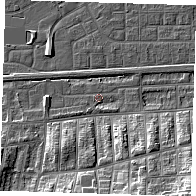 Shaded relief map of the ground around SE29EF, computed from Environment Agency LiDAR. The ground here sits at about 2 m above sea level and falls 22 m across the surrounding 800 m. Surface water reaching this point runs off ground lying to the south-south-east, 17.7 m higher.