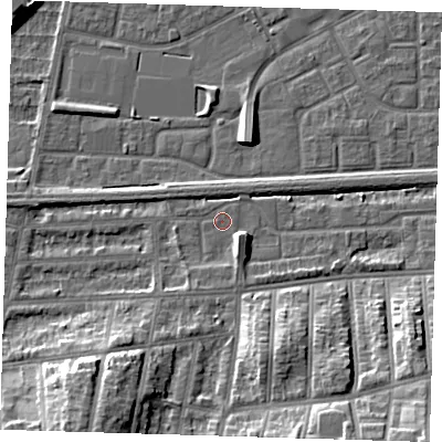 Shaded relief map of the ground around SE29EH, computed from Environment Agency LiDAR. The ground here sits at about 2 m above sea level and falls 15 m across the surrounding 800 m. Surface water reaching this point runs off ground lying to the south-south-west, 1.9 m higher.