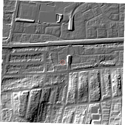Shaded relief map of the ground around SE29EJ, computed from Environment Agency LiDAR. The ground here sits at about 2 m above sea level and falls 19 m across the surrounding 800 m. Surface water reaching this point runs off ground lying to the east-north-east, 3.2 m higher.