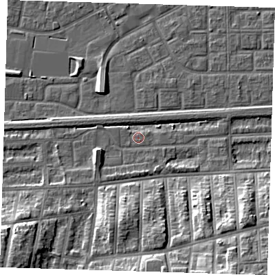 Shaded relief map of the ground around SE29EL, computed from Environment Agency LiDAR. The ground here sits at about 2 m above sea level and falls 16 m across the surrounding 800 m. Surface water reaching this point runs off ground lying to the west, 1.5 m higher.