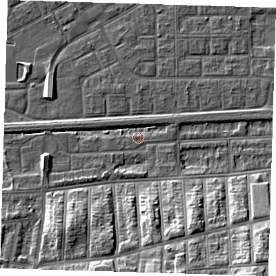 Shaded relief map of the ground around SE29EN, computed from Environment Agency LiDAR. The ground here sits at about 2 m above sea level and falls 18 m across the surrounding 800 m. Surface water reaching this point runs off ground lying to the south-south-east, 14.7 m higher.