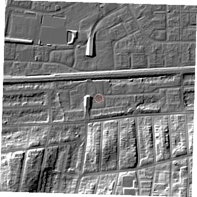 Shaded relief map of the ground around SE29EQ, computed from Environment Agency LiDAR. The ground here sits at about 2 m above sea level and falls 19 m across the surrounding 800 m. Surface water reaching this point runs off ground lying to the west, 5.3 m higher.