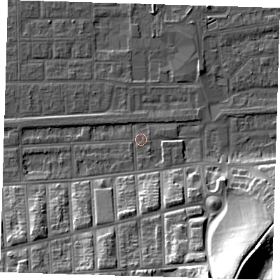 Shaded relief map of the ground around SE29EY, computed from Environment Agency LiDAR. The ground here sits at about 2 m above sea level and falls 37 m across the surrounding 800 m. Surface water reaching this point runs off ground lying to the south-south-east, 9.4 m higher.