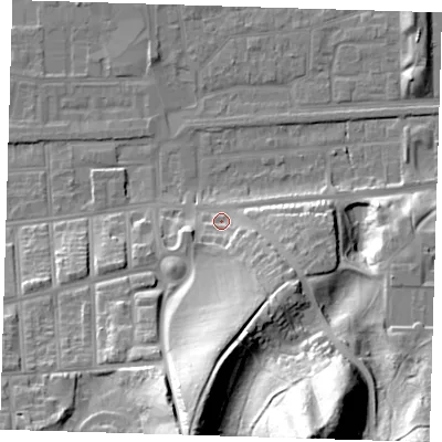 Shaded relief map of the ground around SE29EZ, computed from Environment Agency LiDAR. The ground here sits at about 5 m above sea level and falls 51 m across the surrounding 800 m. Surface water reaching this point runs off ground lying to the south-south-east, 9.2 m higher.