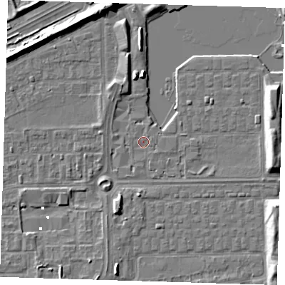 Shaded relief map of the ground around SE29FA, computed from Environment Agency LiDAR. The ground here sits at about 1 m above sea level and falls 7 m across the surrounding 800 m. Surface water reaching this point runs off ground lying to the east, 1.0 m higher.