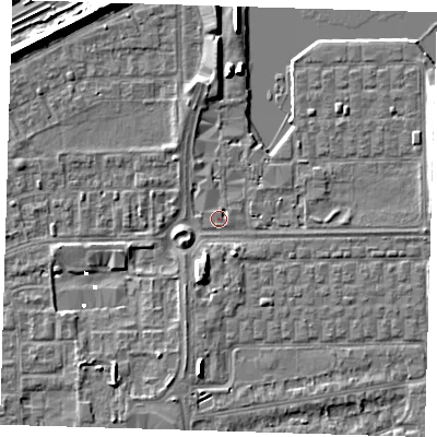 Shaded relief map of the ground around SE29FD, computed from Environment Agency LiDAR. The ground here sits at about 1 m above sea level and falls 7 m across the surrounding 800 m. Surface water reaching this point runs off ground lying to the south-south-west, 4.5 m higher.