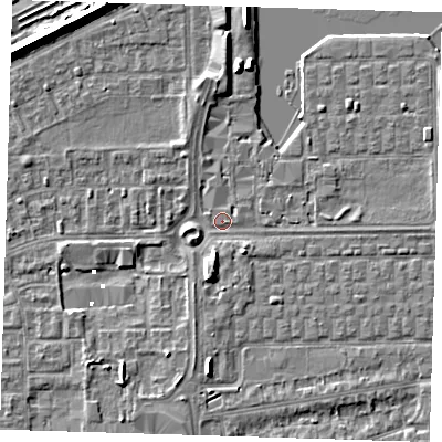 Shaded relief map of the ground around SE29FE, computed from Environment Agency LiDAR. The ground here sits at about 0 m above sea level and falls 7 m across the surrounding 800 m. Surface water reaching this point runs off ground lying to the south, 4.5 m higher.