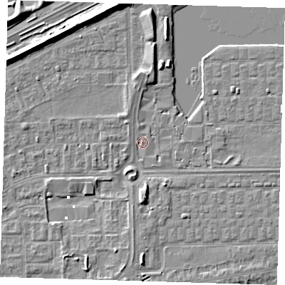 Shaded relief map of the ground around SE29FF, computed from Environment Agency LiDAR. The ground here sits at about 1 m above sea level and falls 7 m across the surrounding 800 m. Surface water reaching this point runs off ground lying to the north, 3.2 m higher.