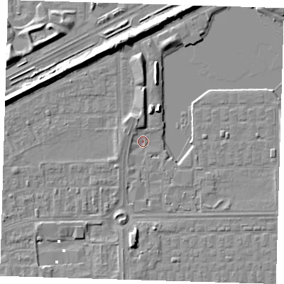 Shaded relief map of the ground around SE29FG, computed from Environment Agency LiDAR. The ground here sits at about 1 m above sea level and falls 8 m across the surrounding 800 m. Surface water reaching this point runs off ground lying to the north-north-west, 3.1 m higher.