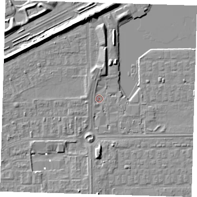 Shaded relief map of the ground around SE29FH, computed from Environment Agency LiDAR. The ground here sits at about 1 m above sea level and falls 8 m across the surrounding 800 m. Surface water reaching this point runs off ground lying to the west-north-west, 0.9 m higher.