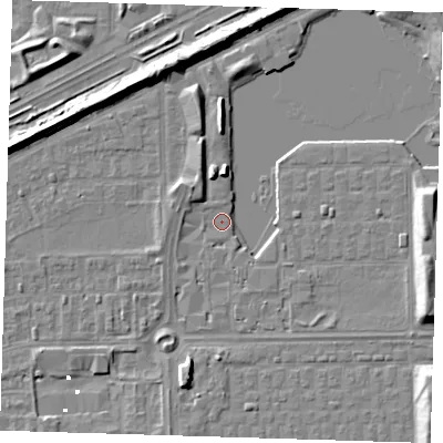 Shaded relief map of the ground around SE29FJ, computed from Environment Agency LiDAR. The ground here sits at about 1 m above sea level and falls 8 m across the surrounding 800 m. Surface water reaching this point runs off ground lying to the north-west, 4.1 m higher.