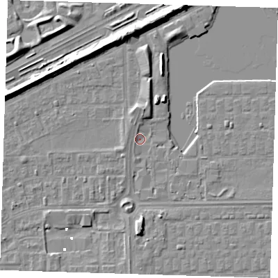 Shaded relief map of the ground around SE29FL, computed from Environment Agency LiDAR. The ground here sits at about 1 m above sea level and falls 8 m across the surrounding 800 m. Surface water reaching this point runs off ground lying to the north, 2.0 m higher.