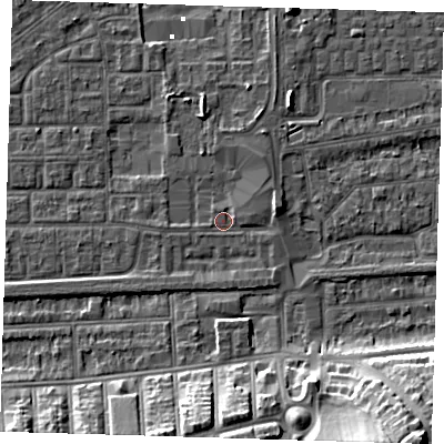 Shaded relief map of the ground around SE29FN, computed from Environment Agency LiDAR. The ground here sits at about 1 m above sea level and falls 19 m across the surrounding 800 m. Surface water reaching this point runs off ground lying to the east-north-east, 2.6 m higher.