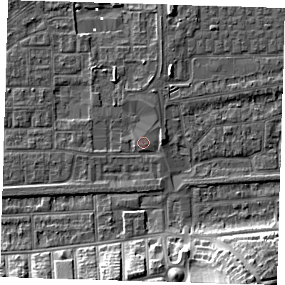 Shaded relief map of the ground around SE29FP, computed from Environment Agency LiDAR. The ground here sits at about 2 m above sea level and falls 17 m across the surrounding 800 m. Surface water reaching this point runs off ground lying to the north-north-east, 0.7 m higher.
