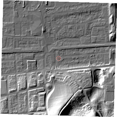 Shaded relief map of the ground around SE29HB, computed from Environment Agency LiDAR. The ground here sits at about 1 m above sea level and falls 35 m across the surrounding 800 m. Surface water reaching this point runs off ground lying to the south, 35.0 m higher.