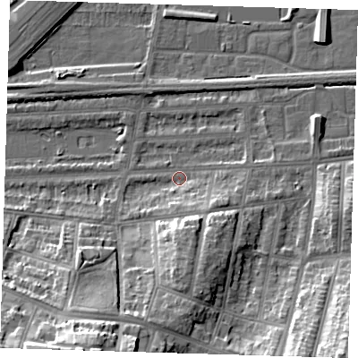 Shaded relief map of the ground around SE29HJ, computed from Environment Agency LiDAR. The ground here sits at about 2 m above sea level and falls 25 m across the surrounding 800 m. Surface water reaching this point runs off ground lying to the south-south-east, 10.9 m higher.