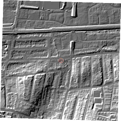 Shaded relief map of the ground around SE29HL, computed from Environment Agency LiDAR. The ground here sits at about 4 m above sea level and falls 24 m across the surrounding 800 m. Surface water reaching this point runs off ground lying to the south-south-west, 1.8 m higher.