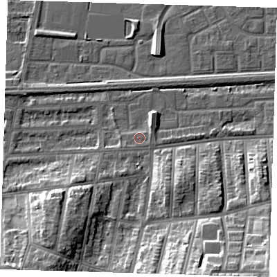Shaded relief map of the ground around SE29HN, computed from Environment Agency LiDAR. The ground here sits at about 4 m above sea level and falls 20 m across the surrounding 800 m. Surface water reaching this point runs off ground lying to the south-west, 1.3 m higher.