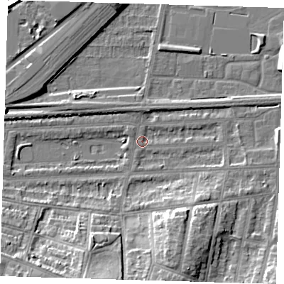 Shaded relief map of the ground around SE29HP, computed from Environment Agency LiDAR. The ground here sits at about 2 m above sea level and falls 15 m across the surrounding 800 m. Surface water reaching this point runs off ground lying to the south-south-west, 13.7 m higher.