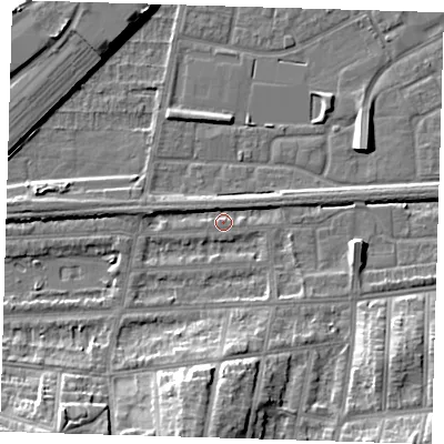 Shaded relief map of the ground around SE29HR, computed from Environment Agency LiDAR. The ground here sits at about 2 m above sea level and falls 13 m across the surrounding 800 m. Surface water reaching this point runs off ground lying to the north-north-west, 1.9 m higher.