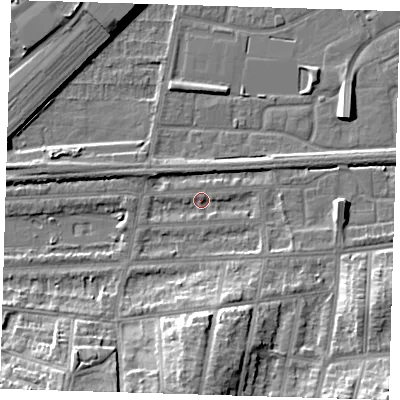 Shaded relief map of the ground around SE29HS, computed from Environment Agency LiDAR. The ground here sits at about 2 m above sea level and falls 14 m across the surrounding 800 m. Surface water reaching this point runs off ground lying to the south-east, 4.3 m higher.