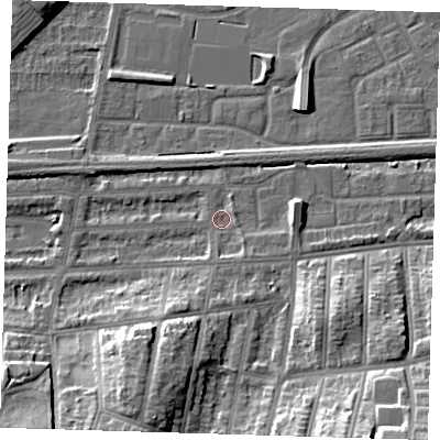 Shaded relief map of the ground around SE29HT, computed from Environment Agency LiDAR. The ground here sits at about 2 m above sea level and falls 17 m across the surrounding 800 m. Surface water reaching this point runs off ground lying to the south-south-east, 3.8 m higher.