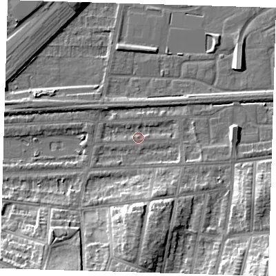 Shaded relief map of the ground around SE29HU, computed from Environment Agency LiDAR. The ground here sits at about 2 m above sea level and falls 16 m across the surrounding 800 m. Surface water reaching this point runs off ground lying to the south-east, 4.2 m higher.