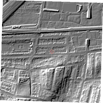 Shaded relief map of the ground around SE29HW, computed from Environment Agency LiDAR. The ground here sits at about 2 m above sea level and falls 21 m across the surrounding 800 m. Surface water reaching this point runs off ground lying to the east, 2.1 m higher.