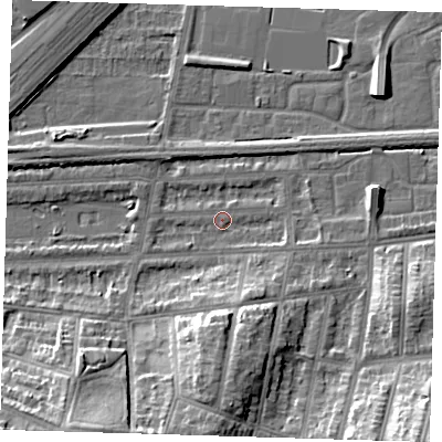 Shaded relief map of the ground around SE29HX, computed from Environment Agency LiDAR. The ground here sits at about 2 m above sea level and falls 18 m across the surrounding 800 m. Surface water reaching this point runs off ground lying to the east-south-east, 2.1 m higher.