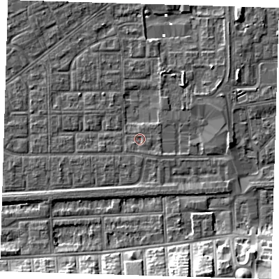 Shaded relief map of the ground around SE29JJ, computed from Environment Agency LiDAR. The ground here sits at about 1 m above sea level and falls 12 m across the surrounding 800 m. Surface water reaching this point runs off ground lying to the south-east, 0.9 m higher.