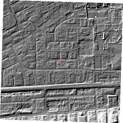 Shaded relief map of the ground around SE29JL, computed from Environment Agency LiDAR. The ground here sits at about 1 m above sea level and falls 12 m across the surrounding 800 m. Surface water reaching this point runs off ground lying to the south-west, 1.2 m higher.