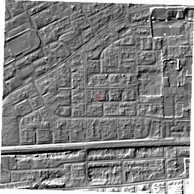 Shaded relief map of the ground around SE29JN, computed from Environment Agency LiDAR. The ground here sits at about 1 m above sea level and falls 9 m across the surrounding 800 m. Surface water reaching this point runs off ground lying to the south, 1.2 m higher.