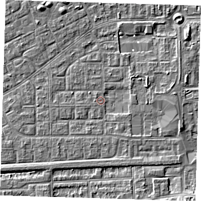 Shaded relief map of the ground around SE29JP, computed from Environment Agency LiDAR. The ground here sits at about 1 m above sea level and falls 6 m across the surrounding 800 m. Surface water reaching this point runs off ground lying to the south-west, 2.6 m higher.
