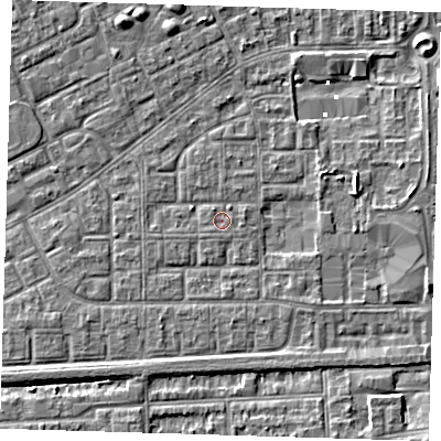 Shaded relief map of the ground around SE29JR, computed from Environment Agency LiDAR. The ground here sits at about 1 m above sea level and falls 5 m across the surrounding 800 m. Surface water reaching this point runs off ground lying to the south, 0.7 m higher.