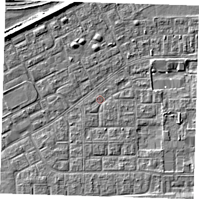 Shaded relief map of the ground around SE29JT, computed from Environment Agency LiDAR. The ground here sits at about 1 m above sea level and falls 8 m across the surrounding 800 m. Surface water reaching this point runs off ground lying to the east-south-east, 2.1 m higher.