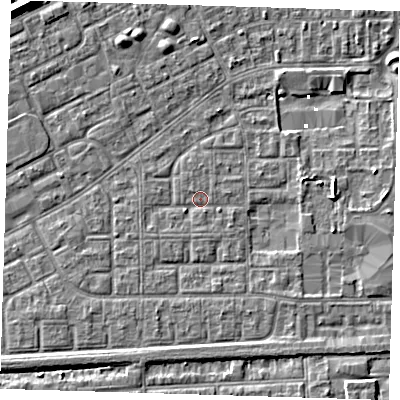 Shaded relief map of the ground around SE29JX, computed from Environment Agency LiDAR. The ground here sits at about 1 m above sea level and falls 7 m across the surrounding 800 m. Surface water reaching this point runs off ground lying to the south-south-east, 0.7 m higher.