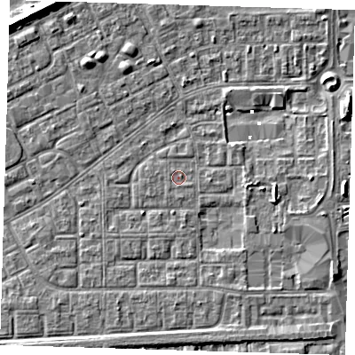 Shaded relief map of the ground around SE29JY, computed from Environment Agency LiDAR. The ground here sits at about 1 m above sea level and falls 7 m across the surrounding 800 m. Surface water reaching this point runs off ground lying to the east-north-east, 0.5 m higher.