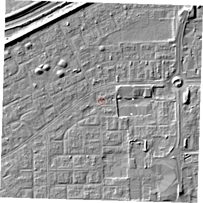Shaded relief map of the ground around SE29JZ, computed from Environment Agency LiDAR. The ground here sits at about 0 m above sea level and falls 8 m across the surrounding 800 m. Surface water reaching this point runs off ground lying to the south-east, 2.1 m higher.