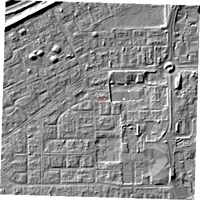 Shaded relief map of the ground around SE29LA, computed from Environment Agency LiDAR. The ground here sits at about 0 m above sea level and falls 8 m across the surrounding 800 m. Surface water reaching this point runs off ground lying to the south-east, 2.1 m higher.