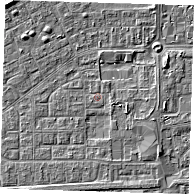 Shaded relief map of the ground around SE29LB, computed from Environment Agency LiDAR. The ground here sits at about 1 m above sea level and falls 8 m across the surrounding 800 m. Surface water reaching this point runs off ground lying to the south-west, 2.5 m higher.