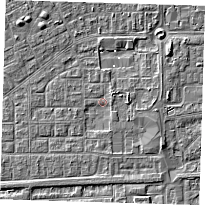 Shaded relief map of the ground around SE29LD, computed from Environment Agency LiDAR. The ground here sits at about 1 m above sea level and falls 5 m across the surrounding 800 m. Surface water reaching this point runs off ground lying to the south-west, 2.6 m higher.
