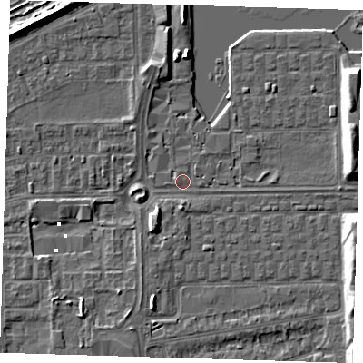 Shaded relief map of the ground around SE29LH, computed from Environment Agency LiDAR. The ground here sits at about 1 m above sea level and falls 7 m across the surrounding 800 m. Surface water reaching this point runs off ground lying to the south, 2.1 m higher.